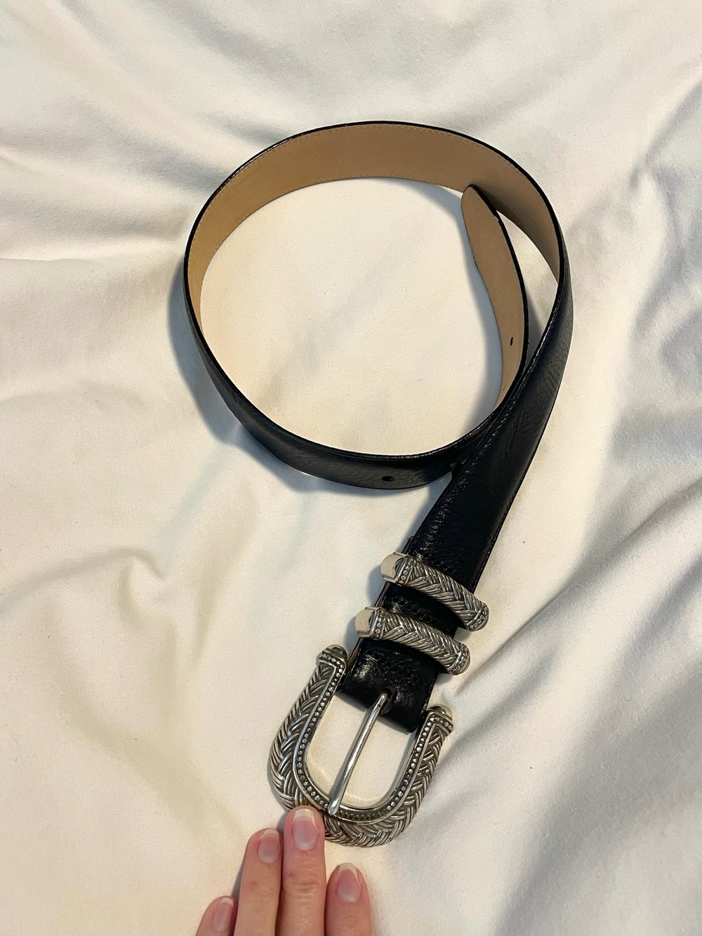 *VINTAGE* BRIGHTON Leather Belt w/Silver Buckle -S40703 -Black -Sz M 33” -USA